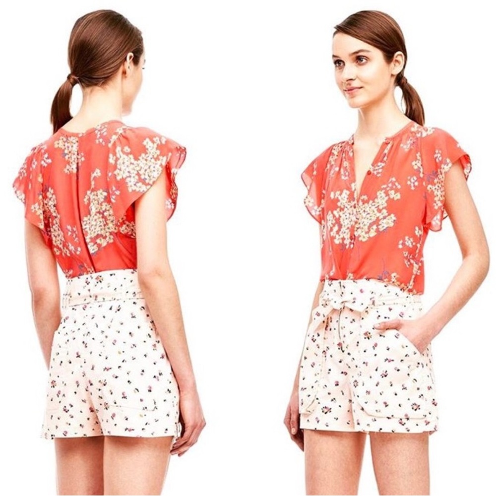 REBECCA TAYLOR Coral Phlox Floral Flutter Silk Blouse Size6/Small MSRP$250 - Picture 3 of 12